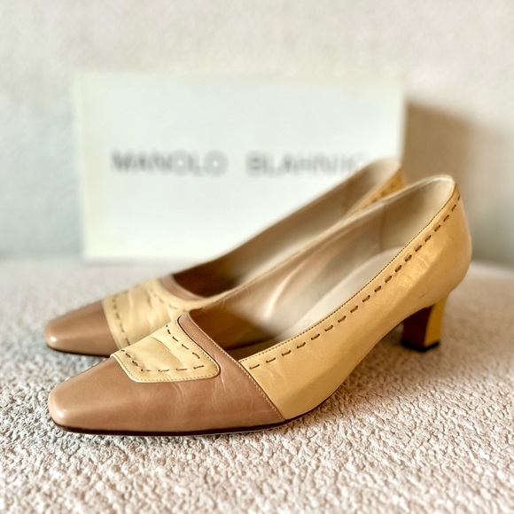 Vintage Manolo Blahnik Beige/Tan Leather Penny Loafer Pumps - Picture 1 of 6